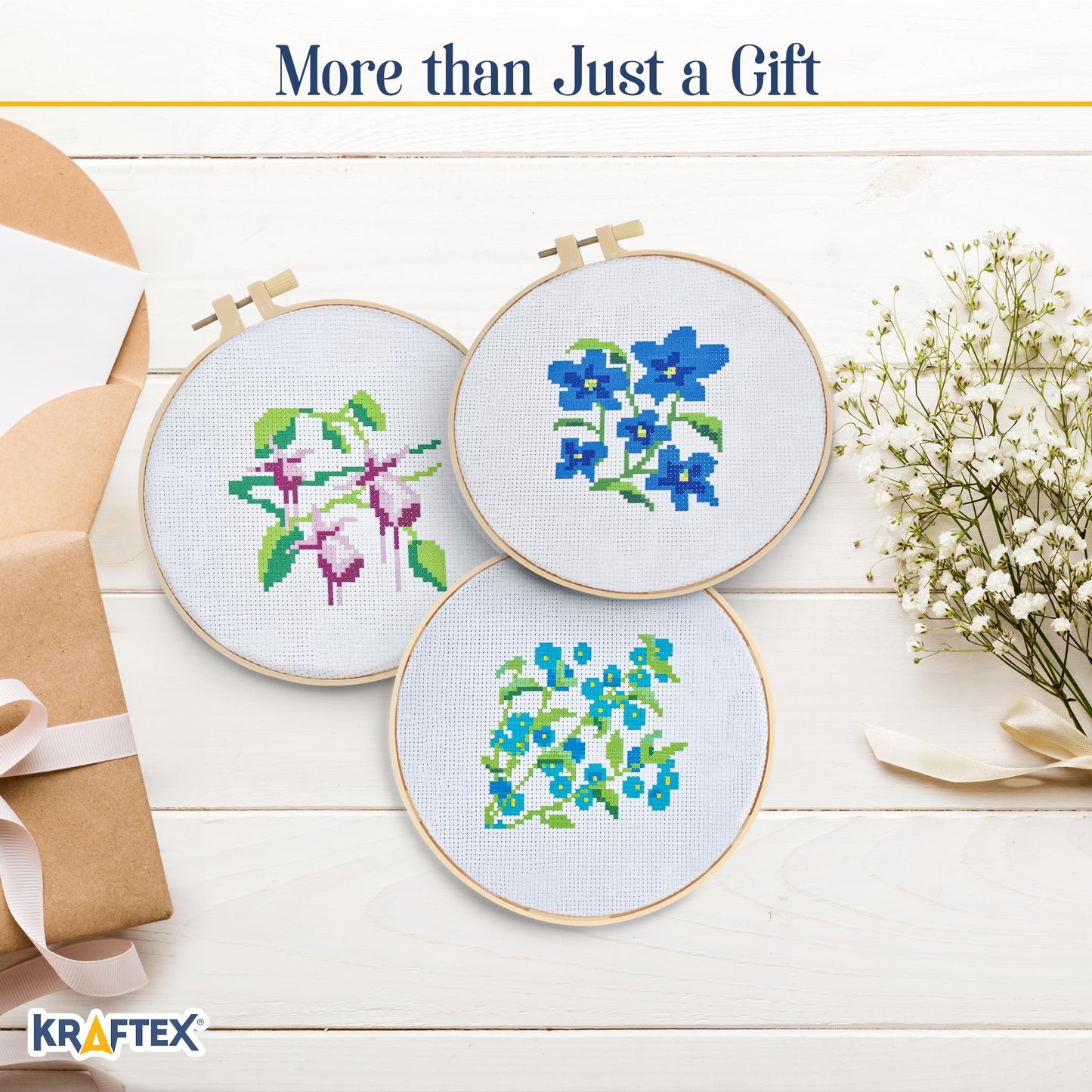 Floral Stamped Cross Stitch Kits for Beginners - 3 Pack. DIY Embroidery Needlepoint Patterns for Adults and Kids. Easy Cross Stitch Kits for Beginners (Blue Flowers, Forget Me Not & Fuschia)