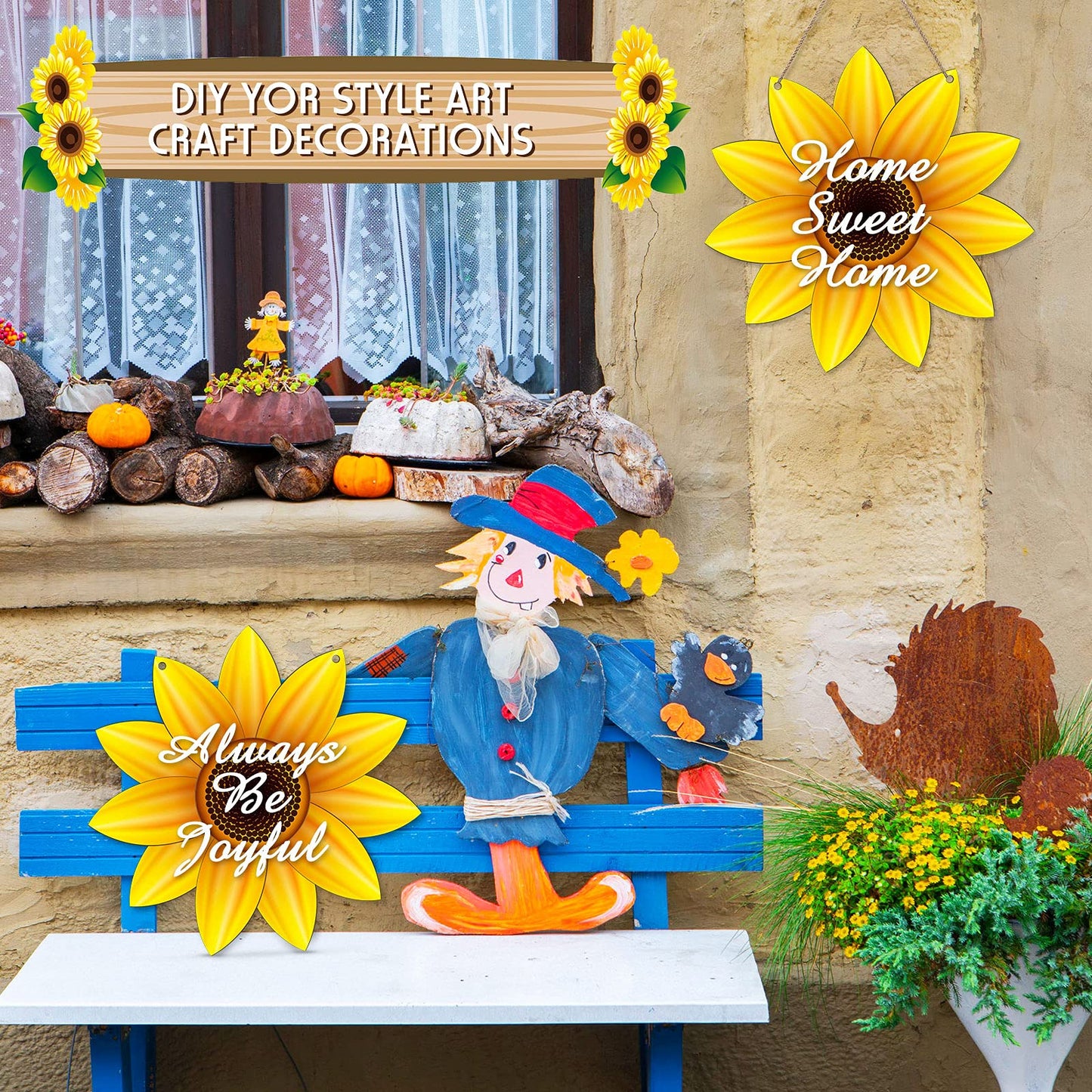 Unfinished Sunflower Wood Cutout Sunflower Sign Cutouts Sunflower Wood Door Hanger with 2.2 Yards Natural Rope for DIY Painting Hanging Welcome Sign Spring Summer Home Decoration (4)