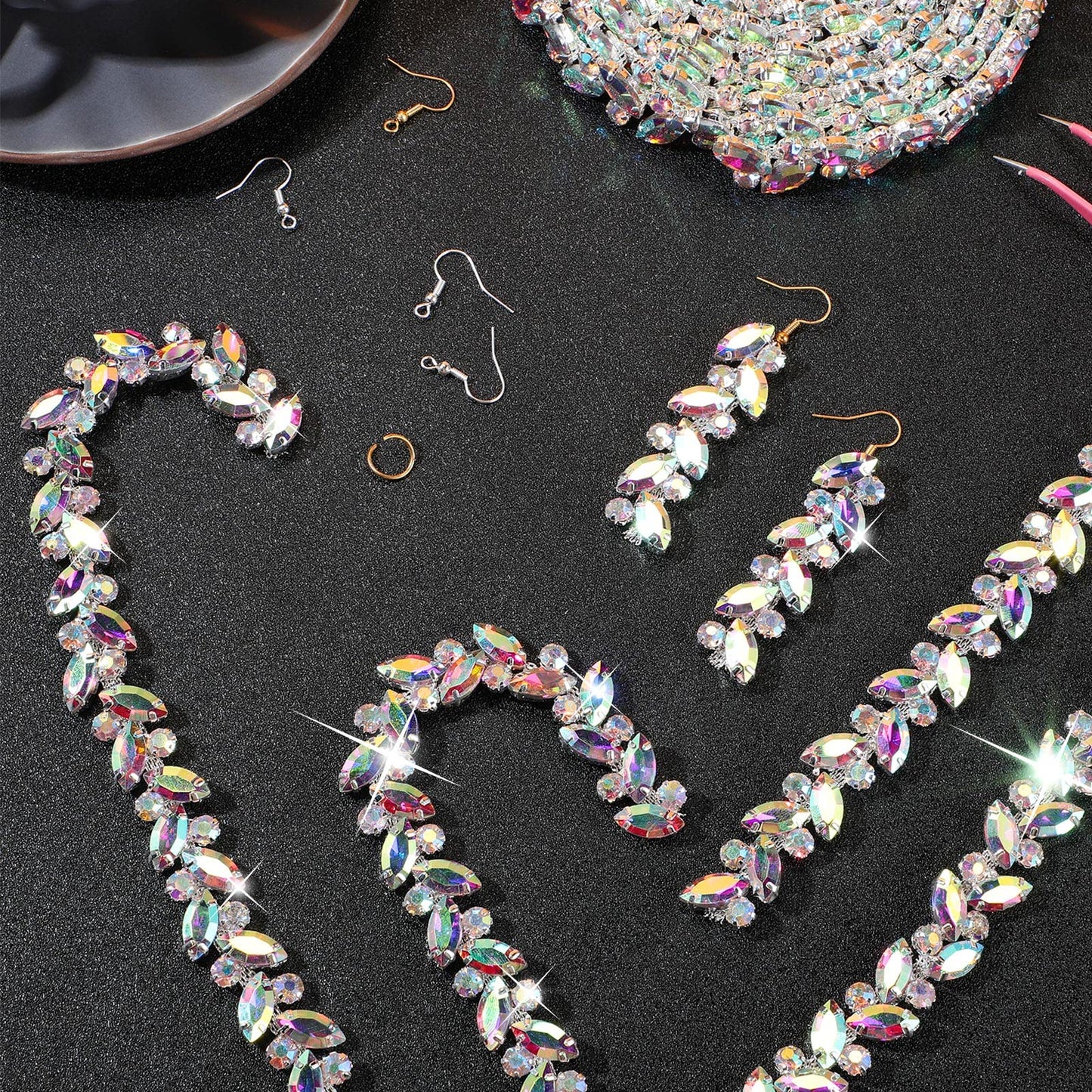 BBTO Rhinestone Chain Trim Applique Embellishment Crystal Wedding Bridal Costume Flower Leaf Chain Sewing Bling Trim for Jewelry DIY Necklace Bags Parties(3 Yards,AB)