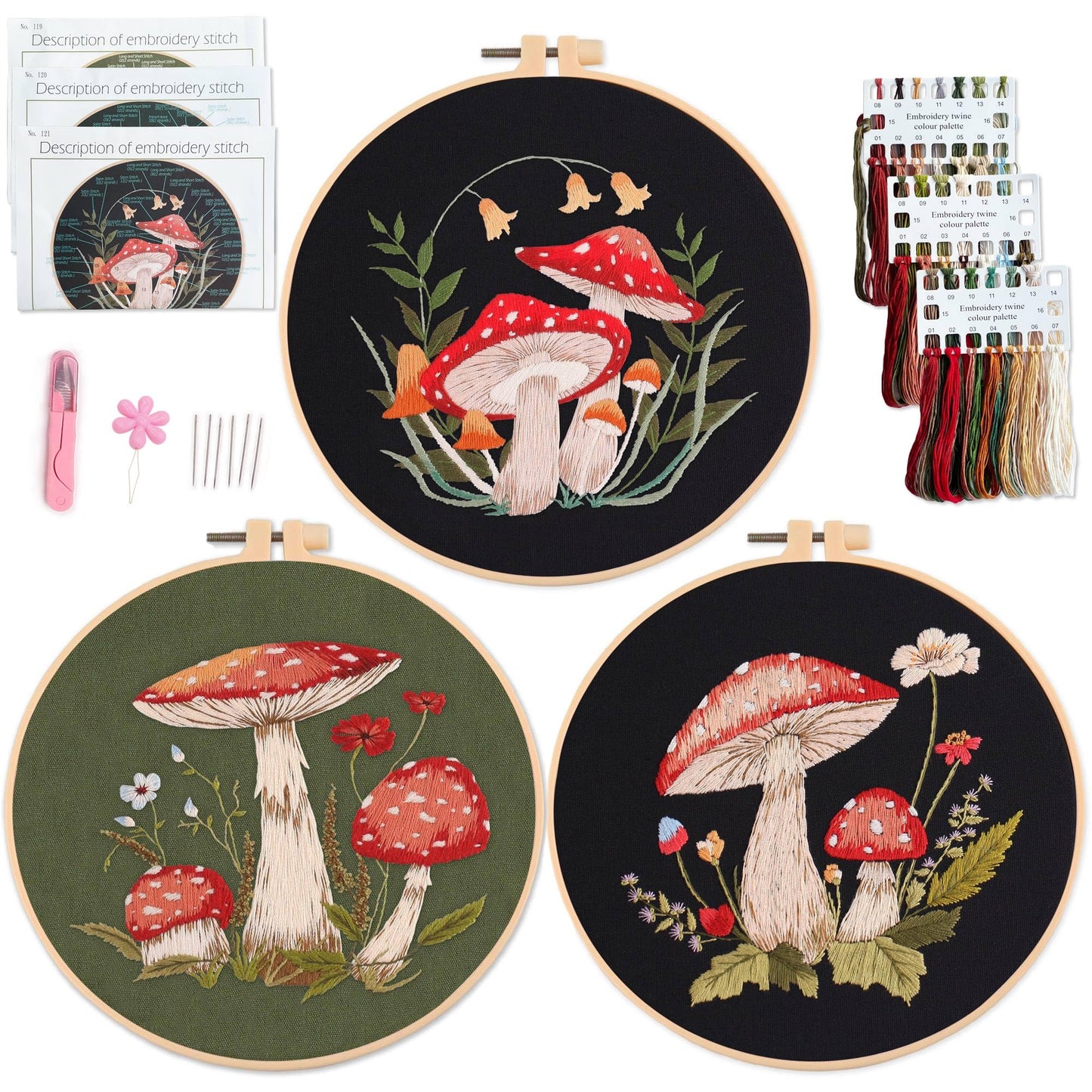 3 Sets Mushroom Embroidery kit, Adult Beginner DIY Needle kit,Art Craft Handy Sewing Set