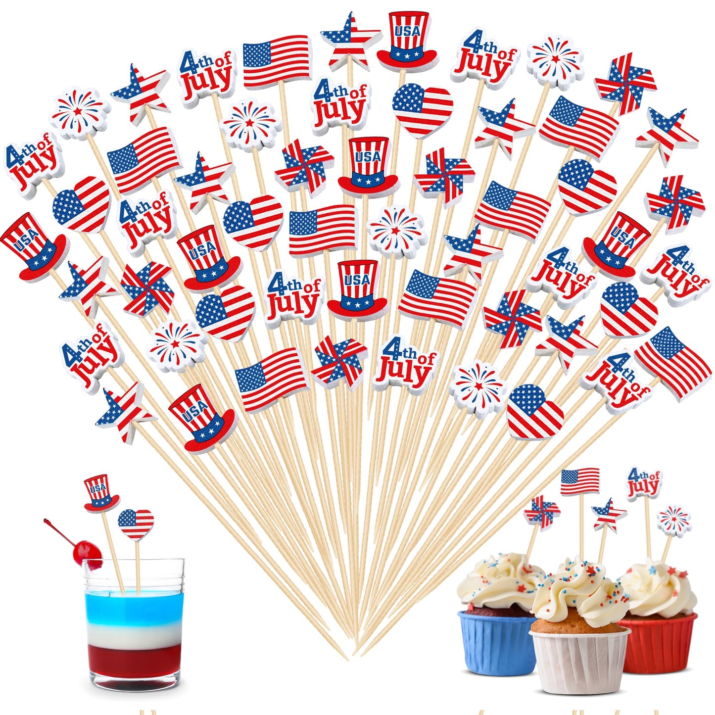 Aodaer 200 Pieces 4th of July Mini American Patriotic Cocktail Picks Independece Day Toothpicks Cocktail Sticks Wooden Cupcake Toppers for Food Fruit Sandwich Appetizer Drinks Party Decoration