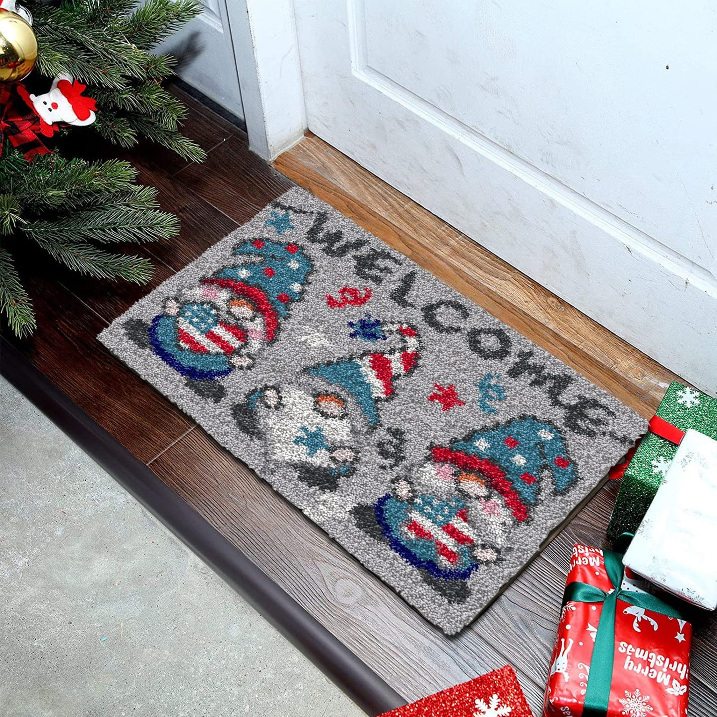 Latch Hook Kits for Adults Kids Tapestry Kits DIY Needlework Doormat Creative Gift Home Decoration 20.5Inch X13.8Inch (Gray)