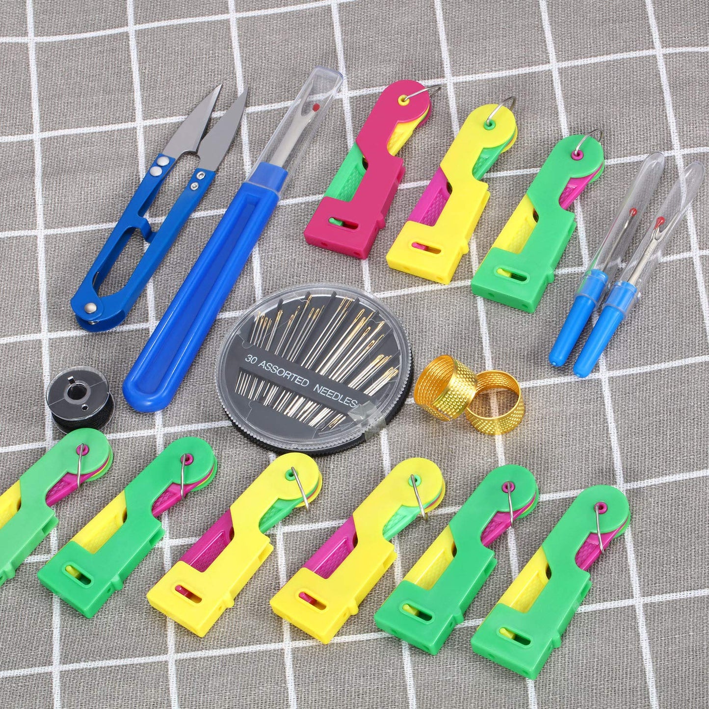 Mudder 46 Pieces Sewing Tools Kit, Includes 9 Automatic Needle Threading Device, 30 Self-Threading Needle, 3 Seam Ripper, 2 Thimble, Sewing Scissor and Velvet Bag