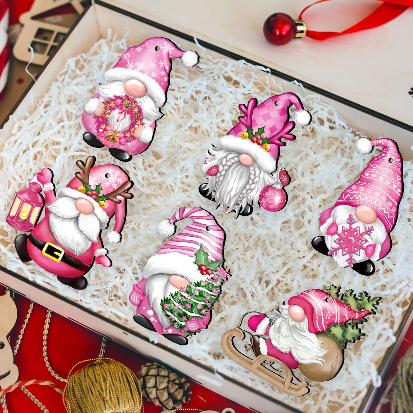 JOPHMO Christmas Wooden Hanging Ornaments, Wood Hanging Decor for Christmas Tree Decoration Gnome Santa Doll Wooden Hanging Craft Gnome Elf Party Supplies (Xmas-Gnomes-D)