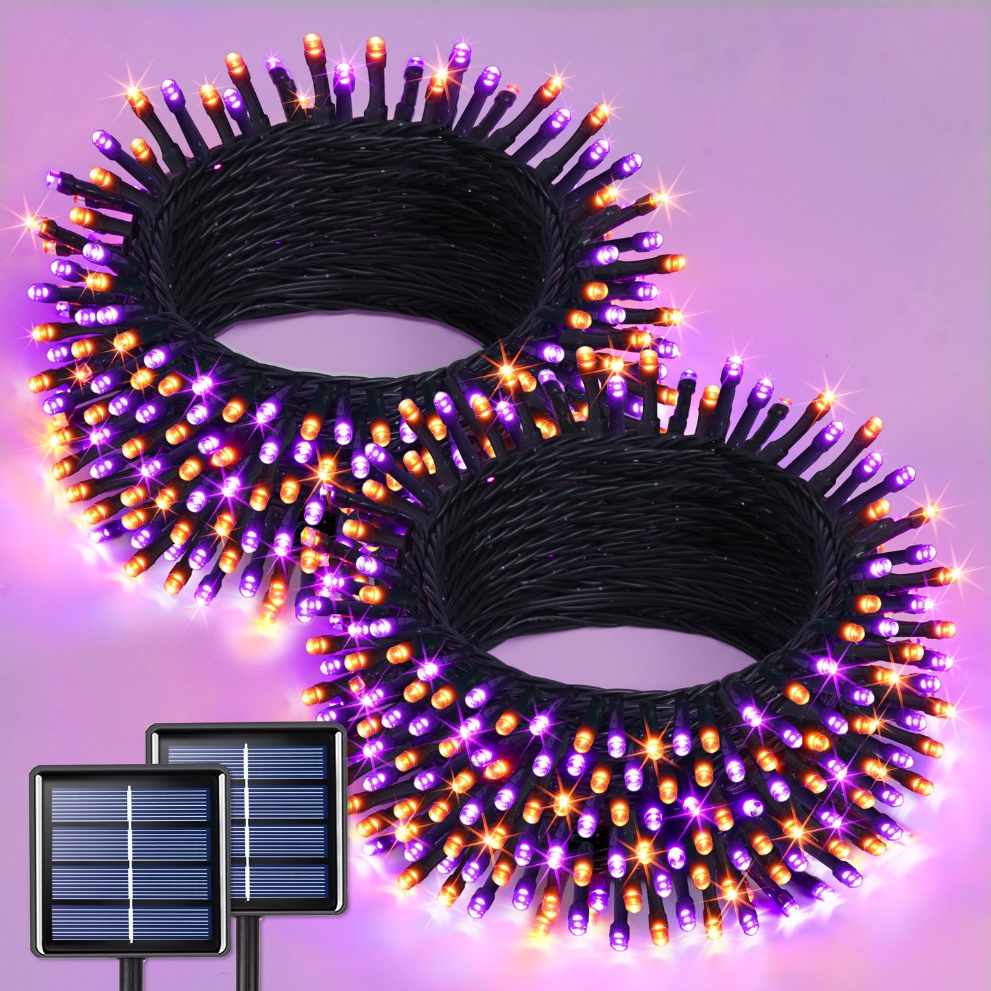 JMEXSUSS Orange and Purple Solar Halloween Lights, 2 Pack Total 400 LED Solar String Lights Outdoor Waterproof, 8 Modes Halloween Light for Outside Patio Yard Tree Decorations