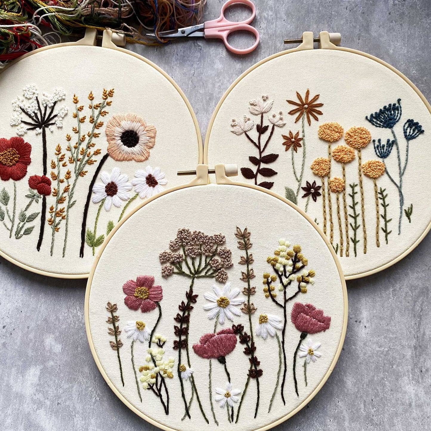 Harimau 3 Pack Embroidery Kit for Beginners , Floral Plant Pattern,Cross Stitch Kits Set , Including Stamped Embroidery Cloth with 3 Embroidery Hoops, Color Threads and Tools (Flower)