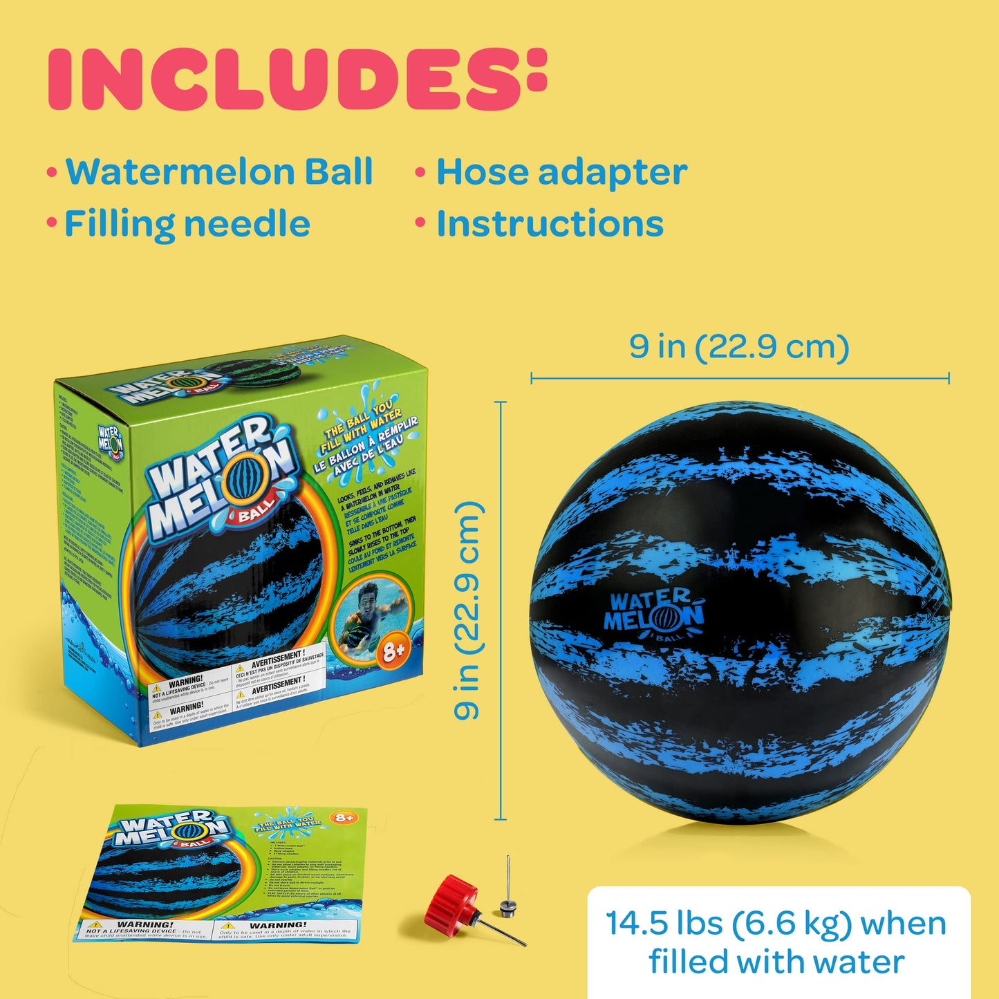 Watermelon Ball – The Ultimate Swimming Pool Game for Under Water Passing, Dribbling, Diving and Pool Games for Teens, Kids, or Adults, Balls Fills with Water, Blue, 9 inches