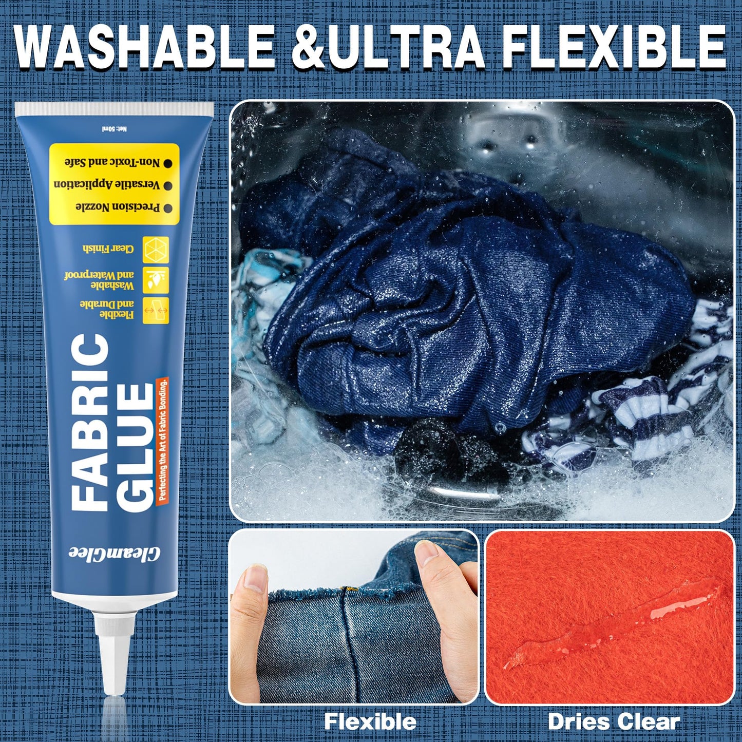 Fabric Glue Permanent, Extra Strong Fabric Adhesive, Washable Clear Clothing Glue for Clothes Repairs, Leather, Crafts, Upholstery, Material, Textile, Felt and Badges (50ml/1.76 oz)