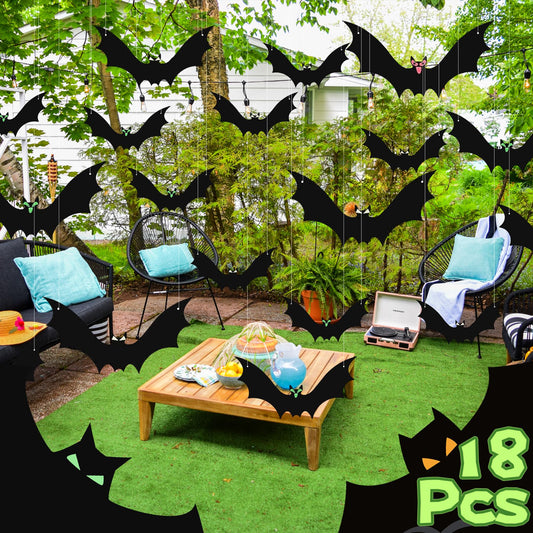 18Pcs Halloween Bats Hanging Decor Large Flying Plastic Bats Halloween Decoration Outdoor 3 Different Sizes with Glow in Dark Eyes Stickers for Tree, Porch, Yard, Lawn, Indoor