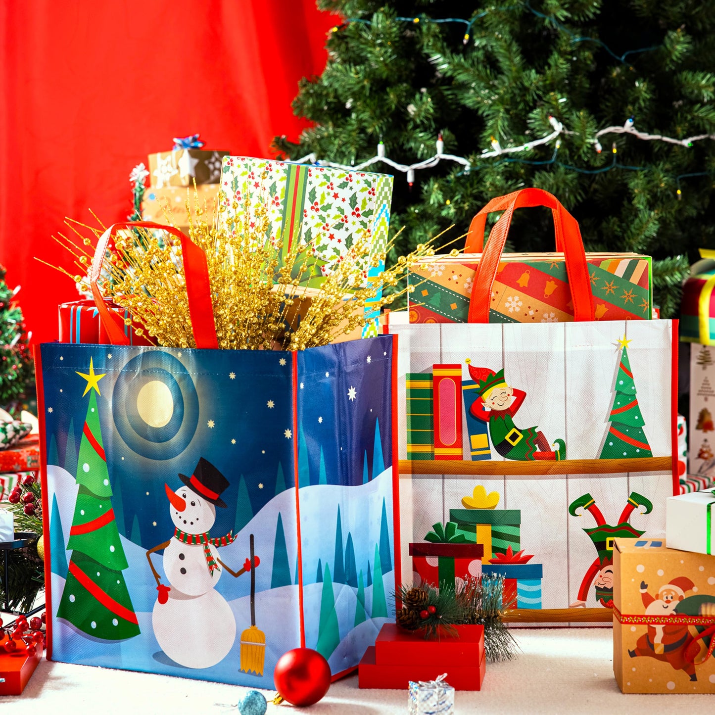 12 PCS Christmas Large Gift Bags with Handles 13.75" x 14", Non-Woven Tote Bag for Wrapping Xmas Party Favors, Reusable Grocery Bags, Party Supplies