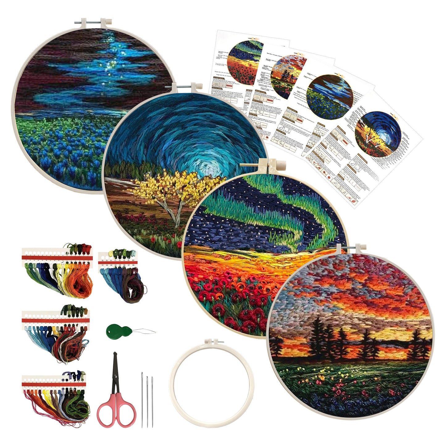 Maydear 4 Pack Embroidery Starter Kit with Pattern, Stamped Cross Stitch Kits for Beginners Adults with Embroidery Hoop and Instructions, Hand Embroidery Kit (Embroidery kit flower2)