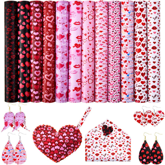 12 Packs Valentine's Day Faux Leather Sheets for Crafts with Heart Love Pattern Prints and Fabric Canvas Back for Valentine's Day DIY Crafts Decor, 6.3 x 8.3 Inch
