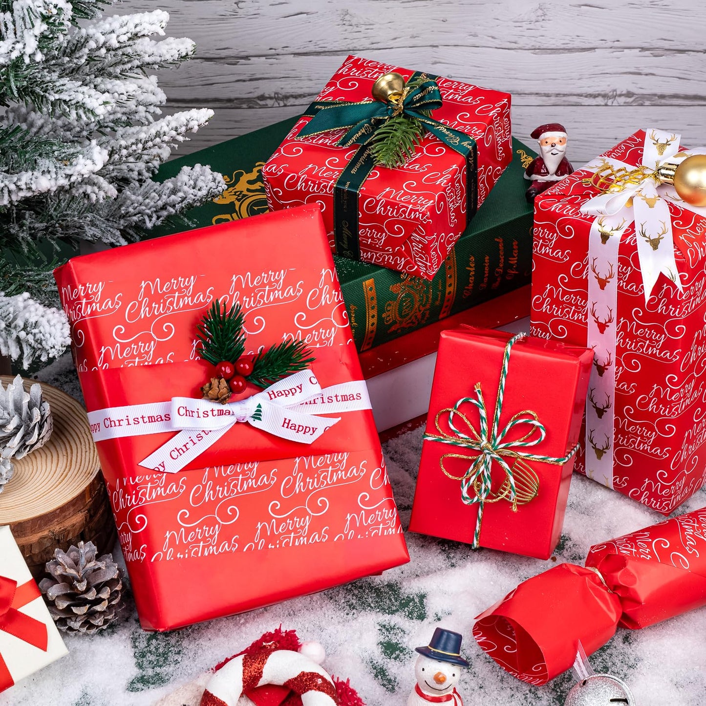Reversible Red Christmas Wrapping Paper - Mini Roll - 17 Inch x 33 Feet - Merry Christmas and Solid Red Wrapping Paper for Holiday, Party Celebration