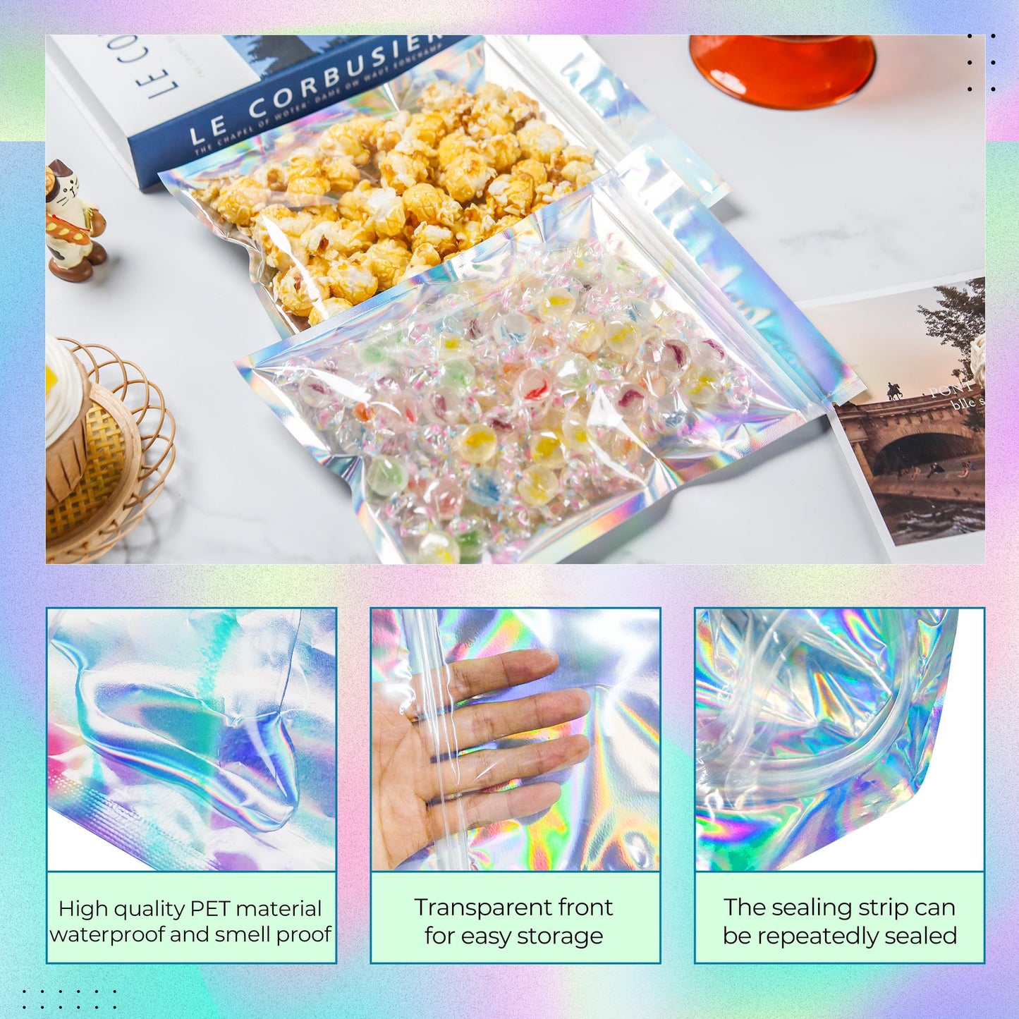 NPLUX Holographic Mylar Bags Resealable Smell Proof Bags for Lip Gloss, Jewelry, Lash Candy and More - Small Business Packaging Supplies(100PACK, 5.5x8INCH)