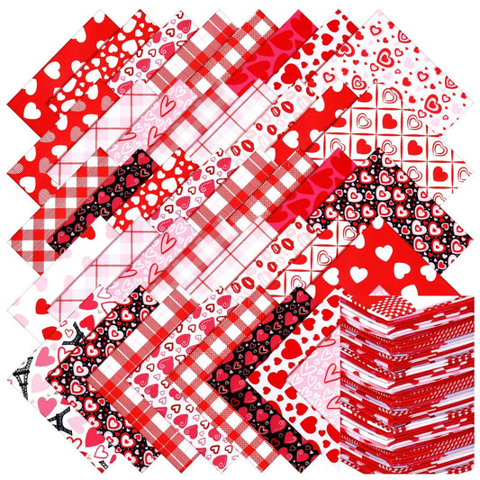 100 Pcs 10 x 10 Inch Valentine‘s Day Fabric Bundles Rose Red Pink Heart Love Printed Fat Quarters Quilting Patchwork Squares Sewing Fabrics for DIY Handmade Crafting Home Party Decor