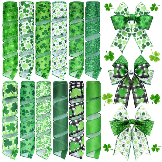 12 Rolls St Patrick's Day Wired Edge Ribbon for Wreaths 2 Inch x 60 Yards St Patrick's Day Shamrock Print Grosgrain Ribbon for Gift Wrapping Hair Bow Sewing Wreath Party Supplies 12 Styles