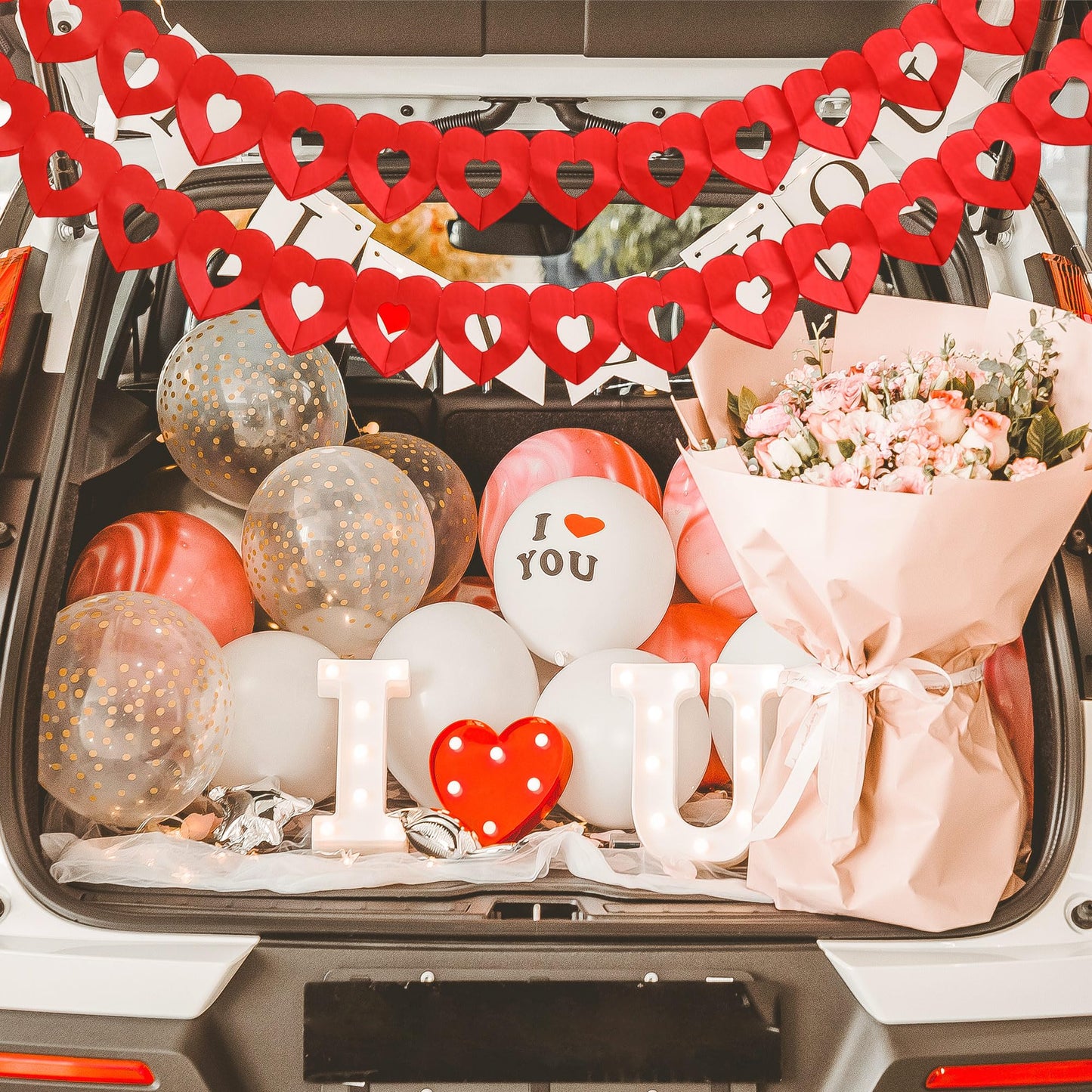 Tlswshsy 10Pcs Valentines Day Heart Garland Banner, 100Ft Pre-Strung Red Heart Paper Garland, Heart Shape Hanging Paper Decoration for Valentines Engagement Wedding Party Anniversary Birthday Supply