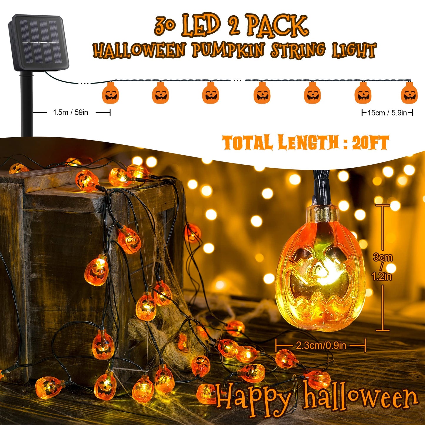 Oopswow 2 Pack Solar Powered Halloween Pumpkin String Lights, 20ft, 30 LEDs, 8 Lighting Models, Waterproof, Indoor/Outdoor Use