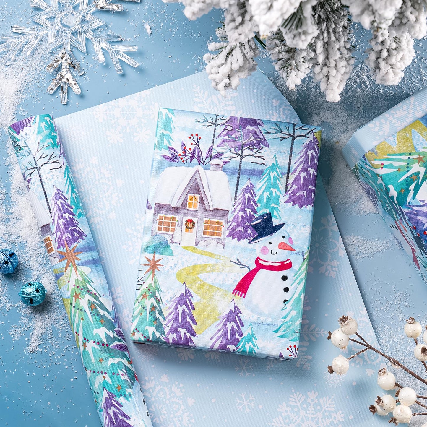 Reversible Christmas Wrapping Paper - Mini Roll - 17 Inch x 33 Feet - Snowman and Snowflake Wrapping Paper with Embossed for Christmas, Holiday, Party