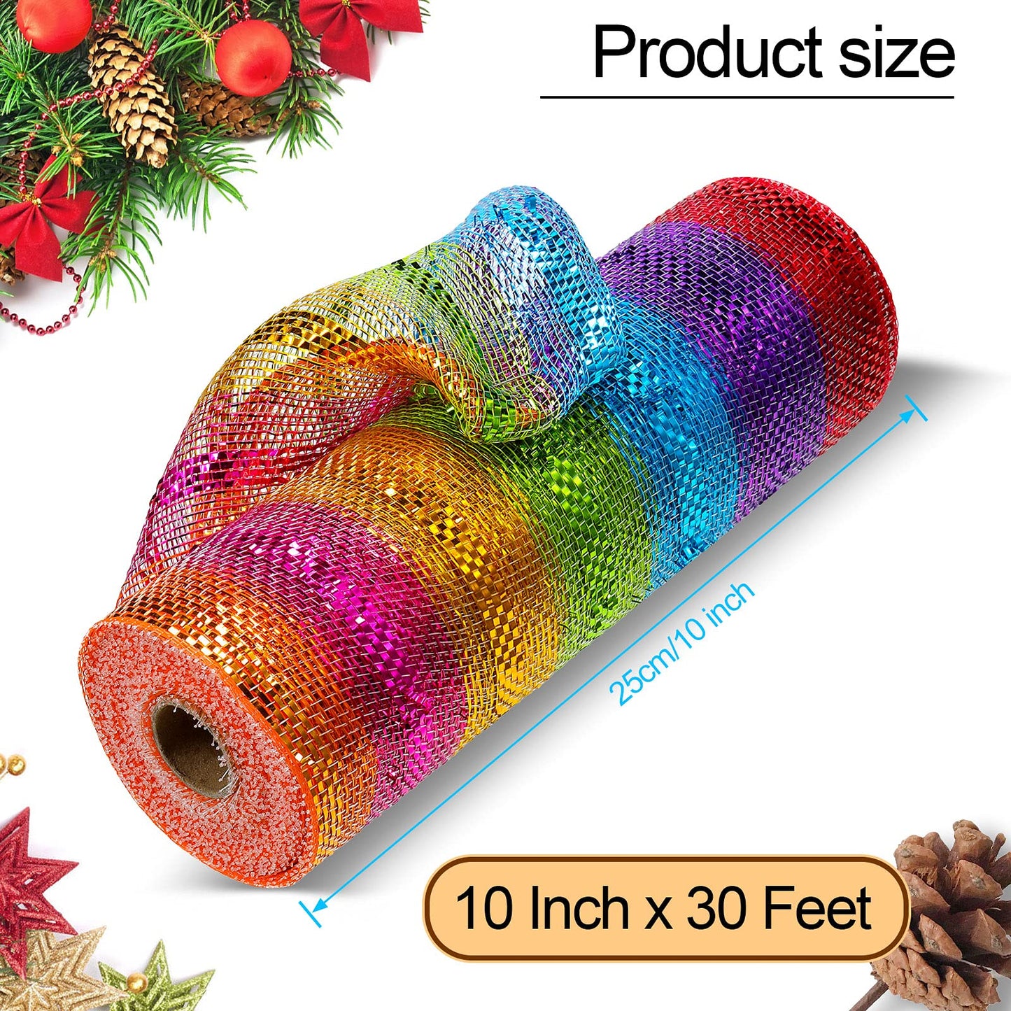 Christmas Deco Mesh Wreath Supplies Deco Mesh 10 Inch Ribbon Poly Mesh Ribbon Colorful Metallic Mesh Ribbon for Christmas Tree Party Wedding Garland,10 Inch x 30 Feet (2 Rolls)
