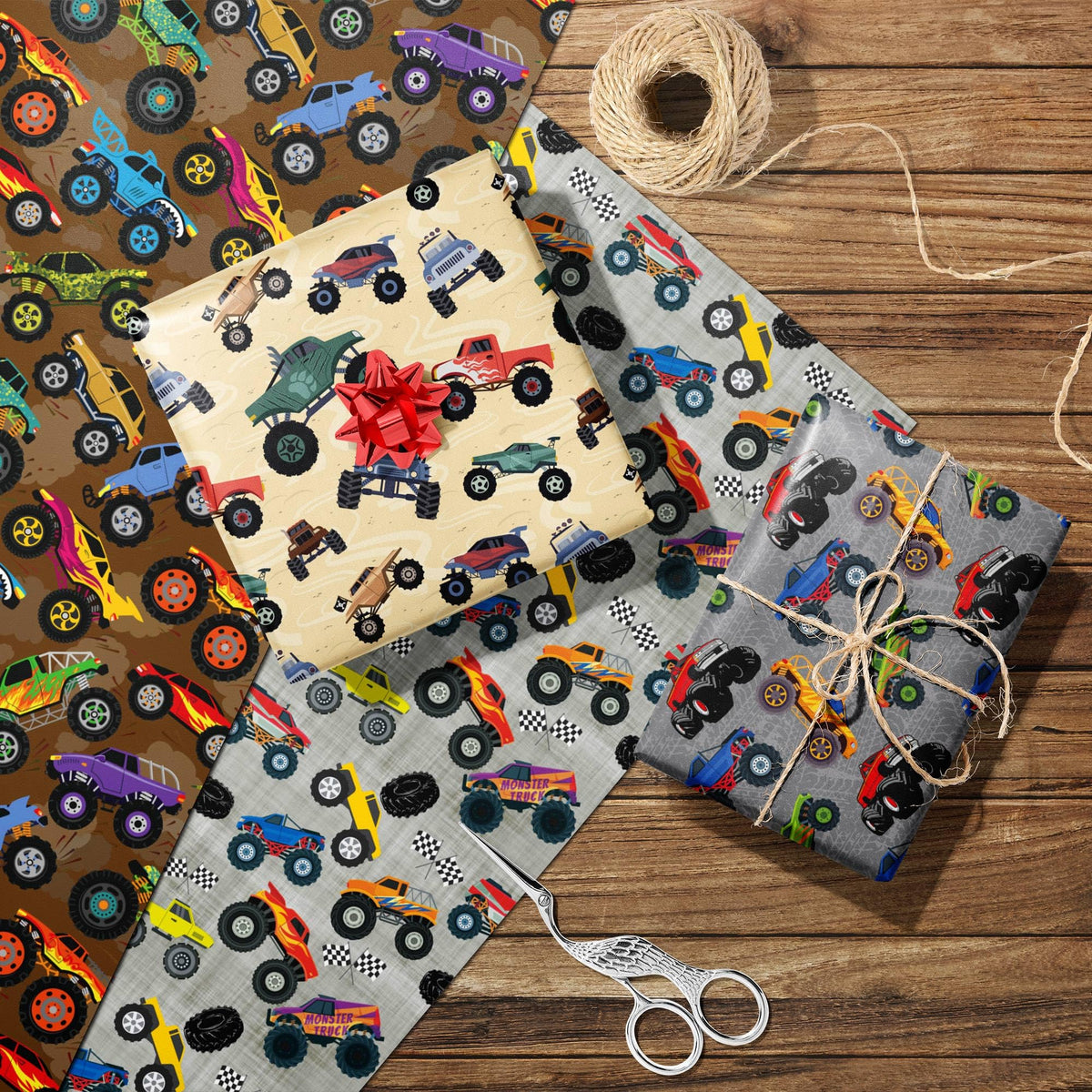 Monster Trucks Wrapping Paper for Kids Birthday Baby Shower - Gift Wrap with Monster Trucks, Checkered Flag Designs - 20 x 29 Inches, 8 Folded Sheets