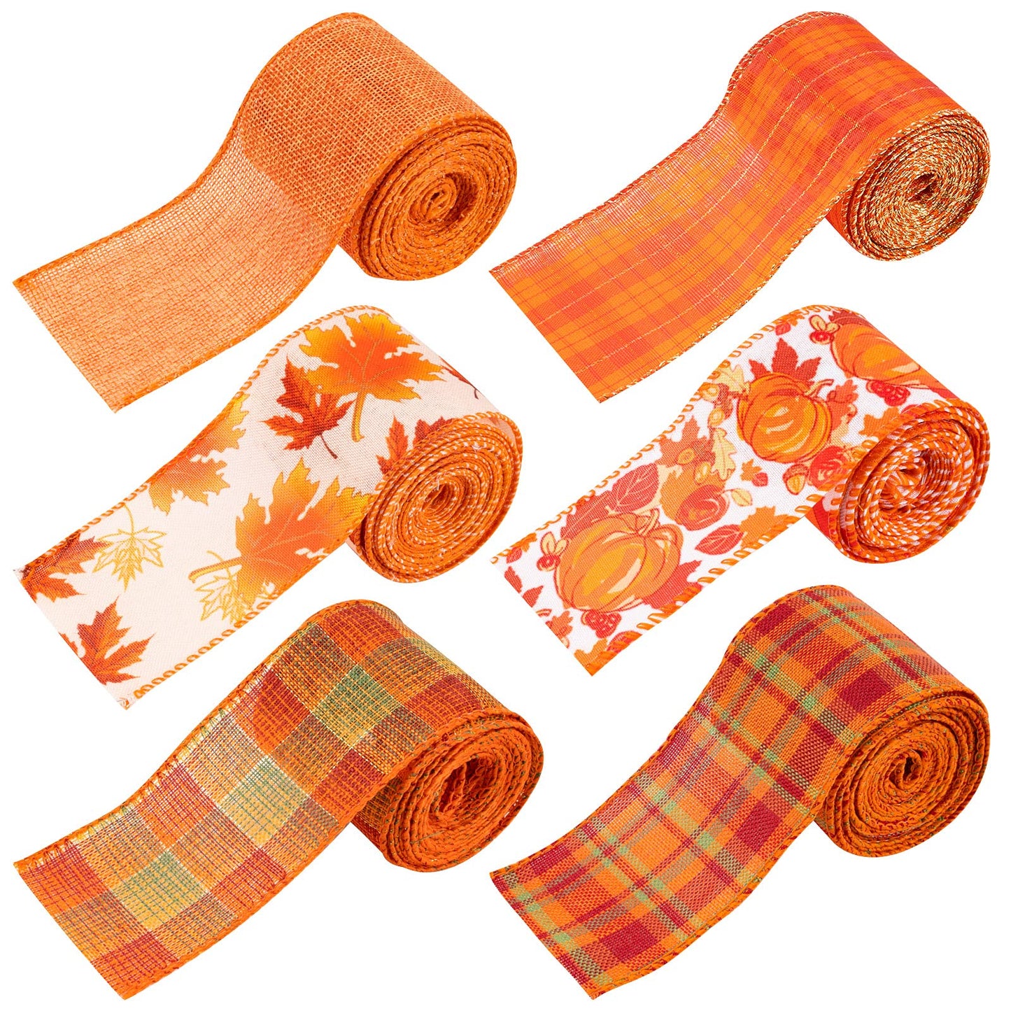 Whaline 6 Rolls Fall Thanksgiving Burlap Ribbon 30 Yard Orange Plaid Autumn Harvest Ribbon Pumpkin Fall Leaves Wired Edge Wrapping Ribbons for Wreath Floral Bows Craft Decor, 2.5In