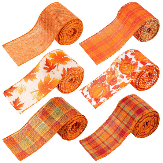 Whaline 6 Rolls Fall Thanksgiving Burlap Ribbon 30 Yard Orange Plaid Autumn Harvest Ribbon Pumpkin Fall Leaves Wired Edge Wrapping Ribbons for Wreath Floral Bows Craft Decor, 2.5In