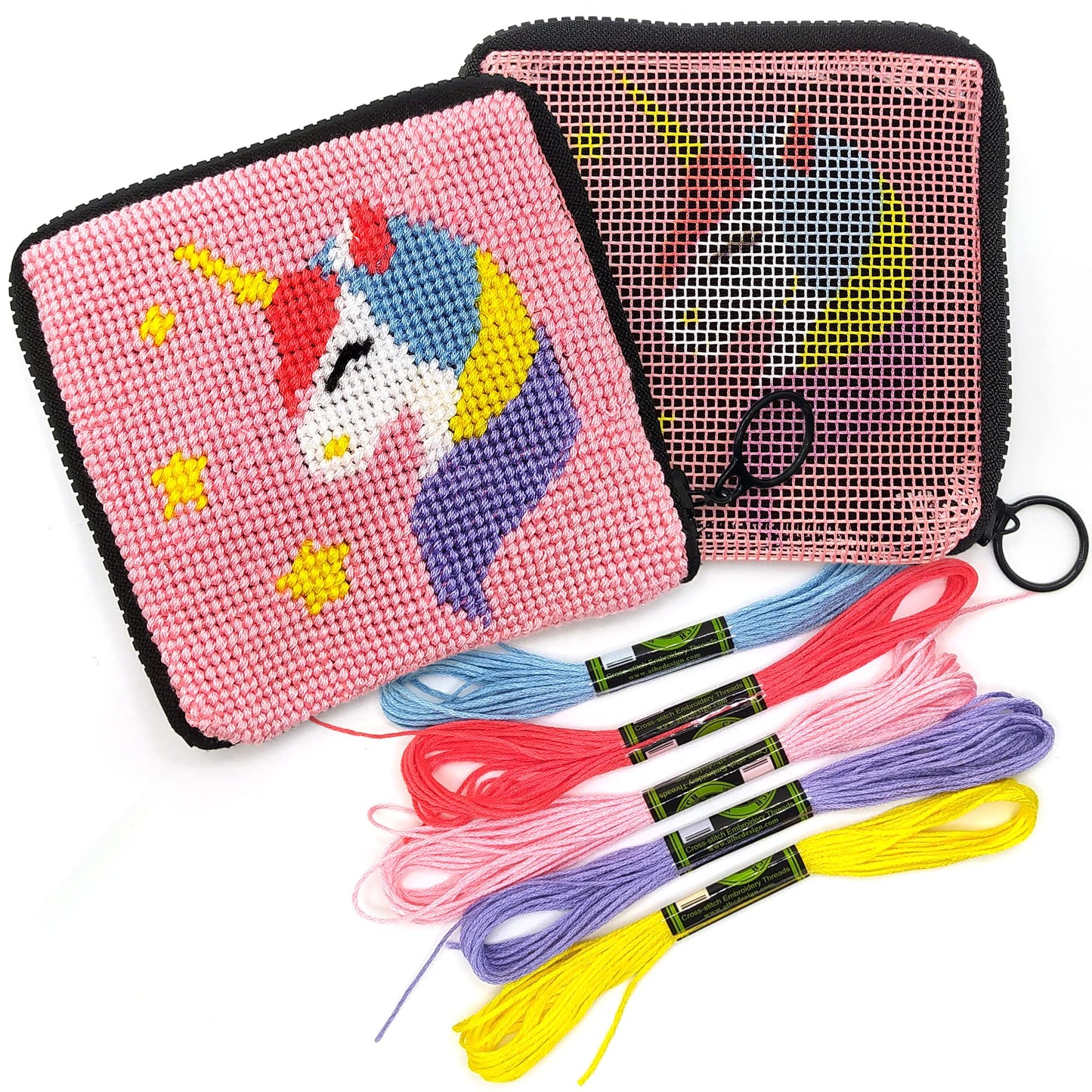 Pre Printed Needlepoint Wallet Kit for Kids Embroidery Arts and Crafts Set Cross Stitch Sewing Latch Hook Kit (Unicorn)