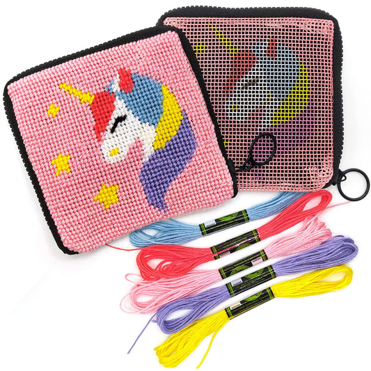 Pre Printed Needlepoint Wallet Kit for Kids Embroidery Arts and Crafts Set Cross Stitch Sewing Latch Hook Kit (Unicorn)