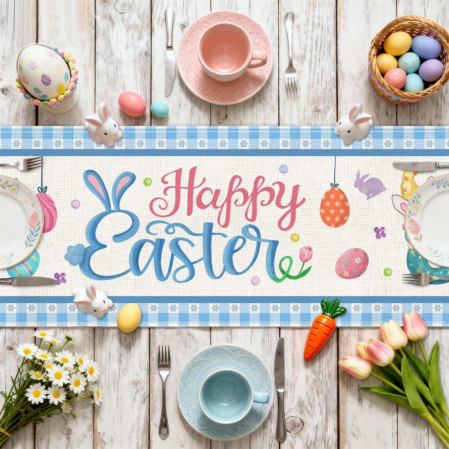 Bonsai Tree Easter Table Runner 72 Inches Long, Easter Bunny Eggs Table Runners Spring for Party Home Dinner Decor