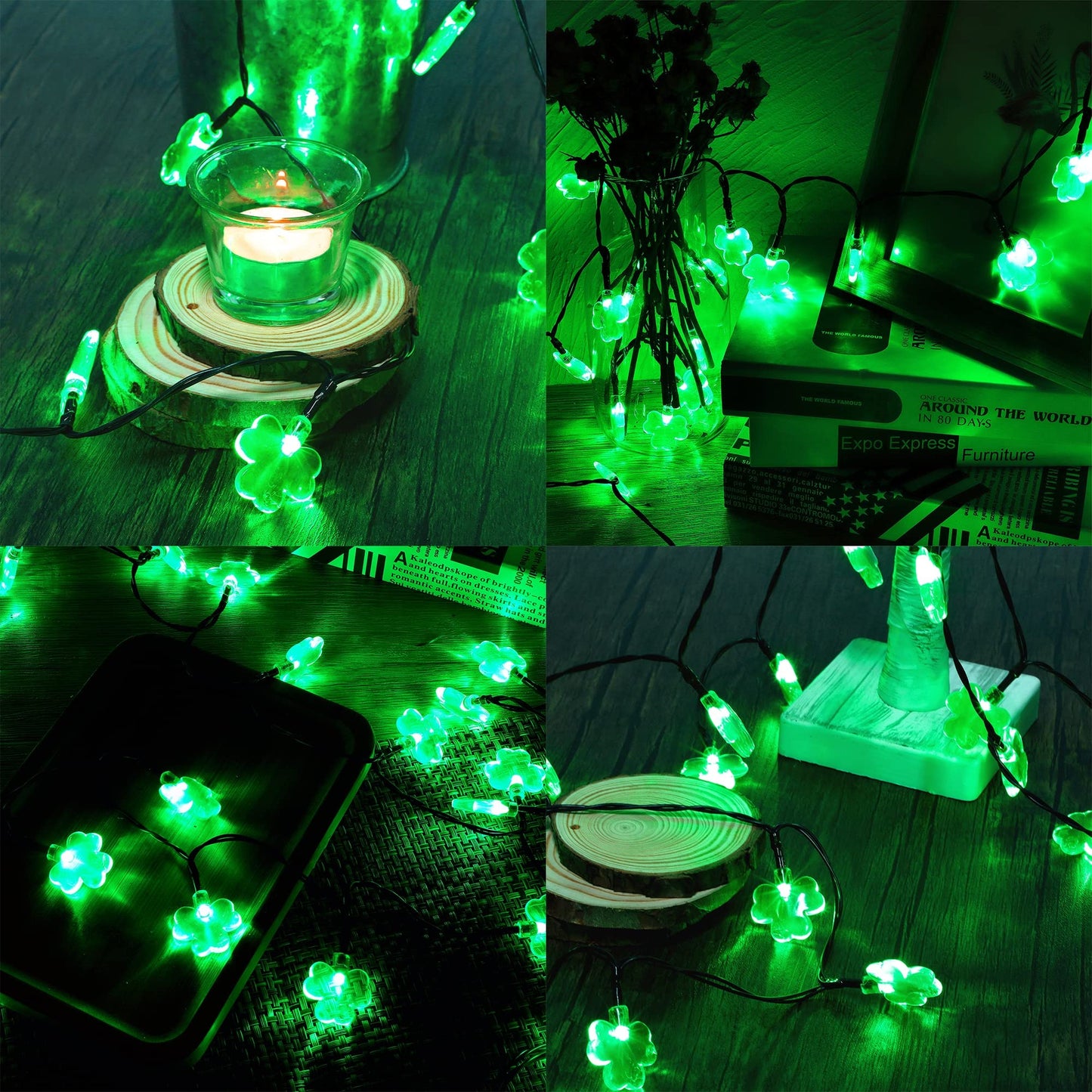1 Pack St. Patricks Day Shamrocks Lights, 50 LED Outdoor Decorative String Lights, Battery Operated Lucky Clover Light, 8 Lighting Modes & Timer, Waterproof for Party Garden Home Decor