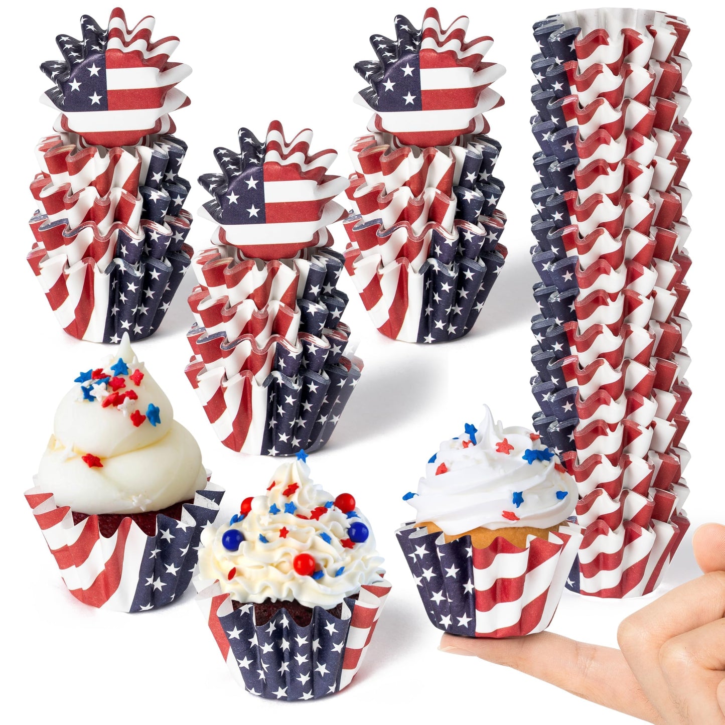 R HORSE 200Pcs American Flag Cupcake Liners, July 4th Grease-resistant Mini Size Cupcake Cups for Baking, Heavy Duty Paper Cupcake Wrappers Muffin Baking Cup for 4th of July Independence Day