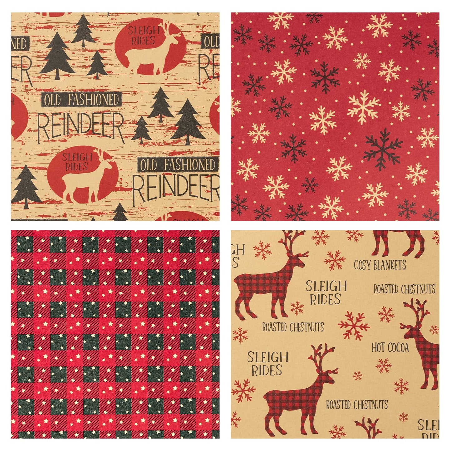 Christmas Wrapping Paper, Kraft Paper - Red and Black Christmas Designs - 4 Rolls - 30 inches x 10 feet per Roll