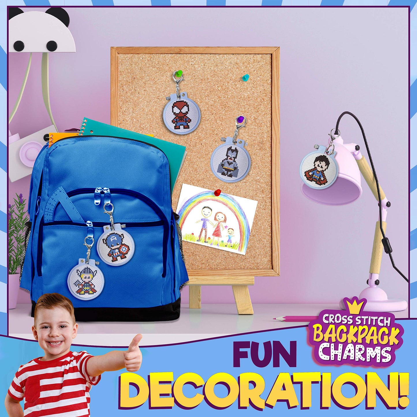 5 Stamped Superhero Cross Stitch Beginner Projects for Kids Needlepoint Starter kit Sewing Set for Backpack Charms…