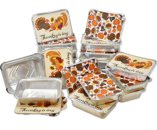 Gift Boutique Thanksgiving Aluminum Foil Pans with Lids – 36 Pack Disposable 7x5x1.5 Inch Rectangular Containers with Festive Turkey and Pumpkin Prints for Holiday Baking, Leftovers, and Desserts