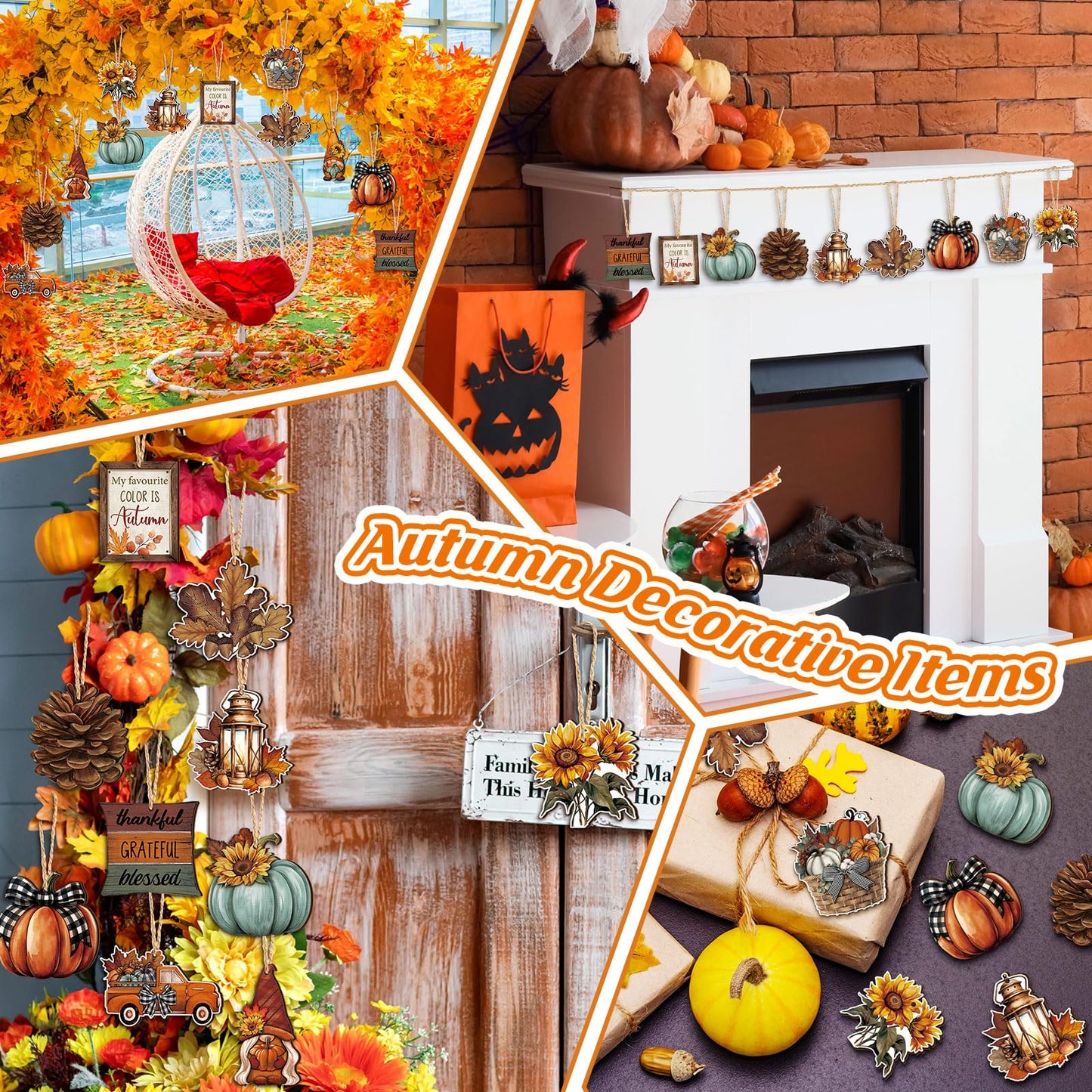 FairySandy 36 Pcs Fall Tree Decorations Thanksgiving Gnomes Ornaments for Tree Wooden Hanging Ornaments Pumpkins Leaves Flowers Cutouts Autumn Decorations for Holiday Party Supply(Classic Style)