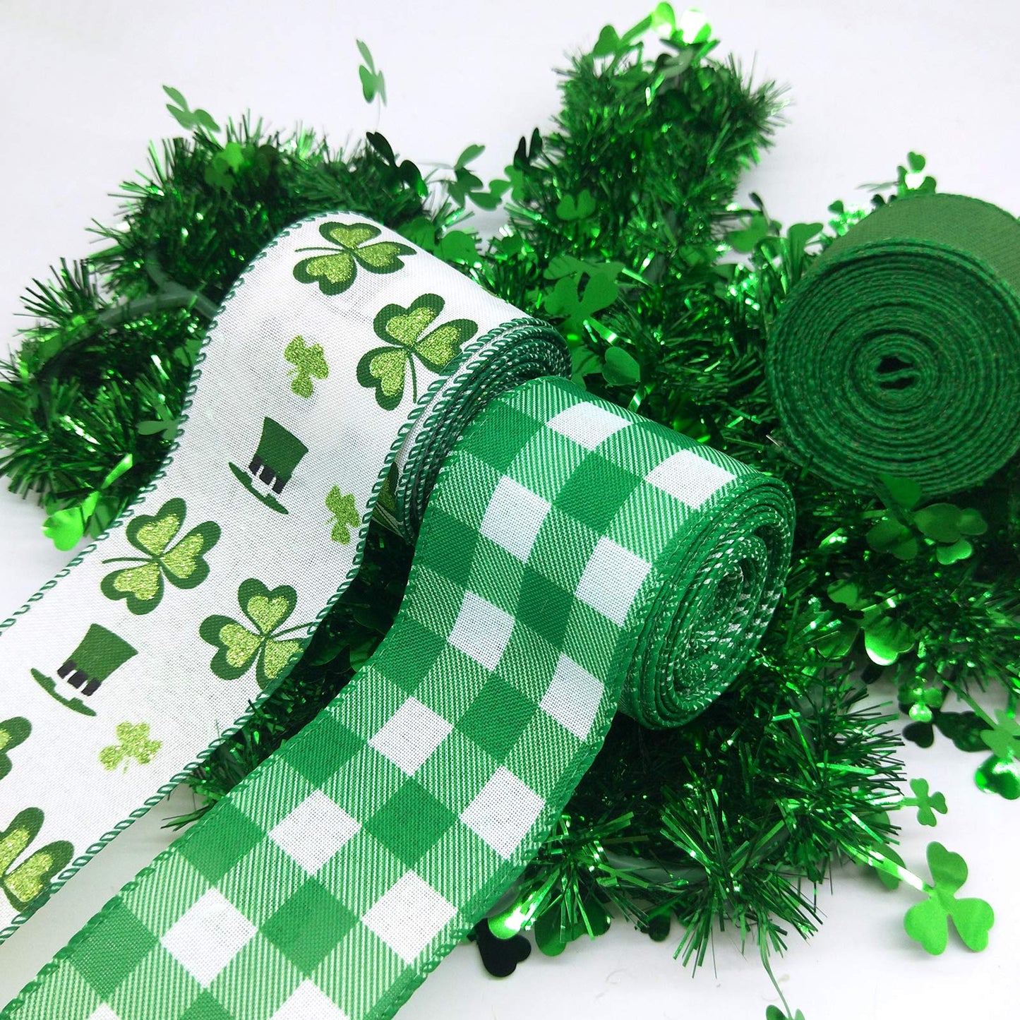 4 Rolls Shamrock Wired Edge Ribbon - 2.5''×24 Yard St Patrick's Day Green Wired Ribbon, Burlap Plaid Shamrock Fabric Craft Irish Ribbons for Gift Wrapping, Wedding Birthday Crafts Decorations