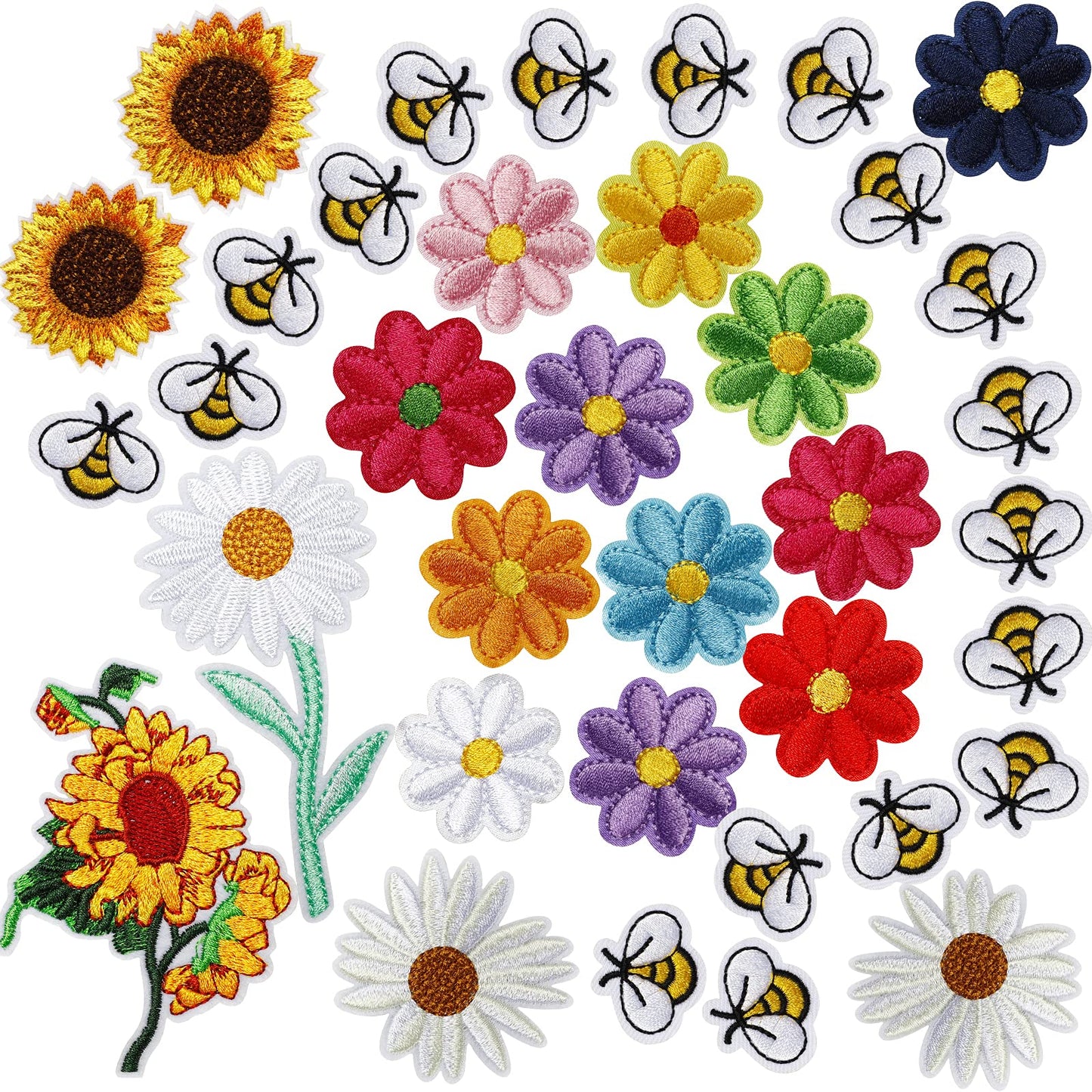 36Pcs Embroidered Bee Applique Patches Daisy Sew on Patch Flower Iron on Patches Flower Appliques for Clothing Sewing Decorations Cute Bumble Sunflower Daisy