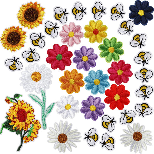 36Pcs Embroidered Bee Applique Patches Daisy Sew on Patch Flower Iron on Patches Flower Appliques for Clothing Sewing Decorations Cute Bumble Sunflower Daisy