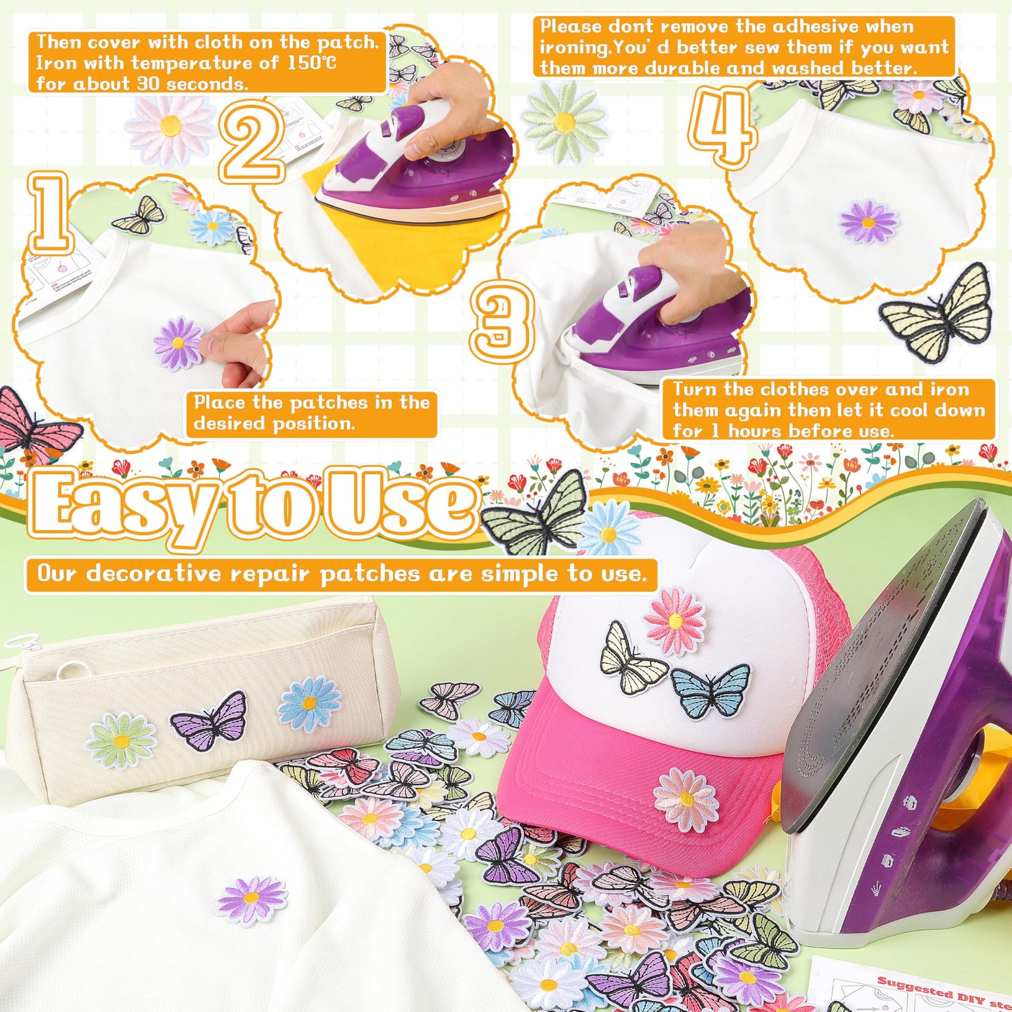 NICEVINYL Flower Iron on Patches for Clothing: 90pcs Multicolor Cute Daisy Flower Applique Patches Sew on Backpacks - Butterfly Embroidered Patches for Jeans Jackets Tote Bags Hats