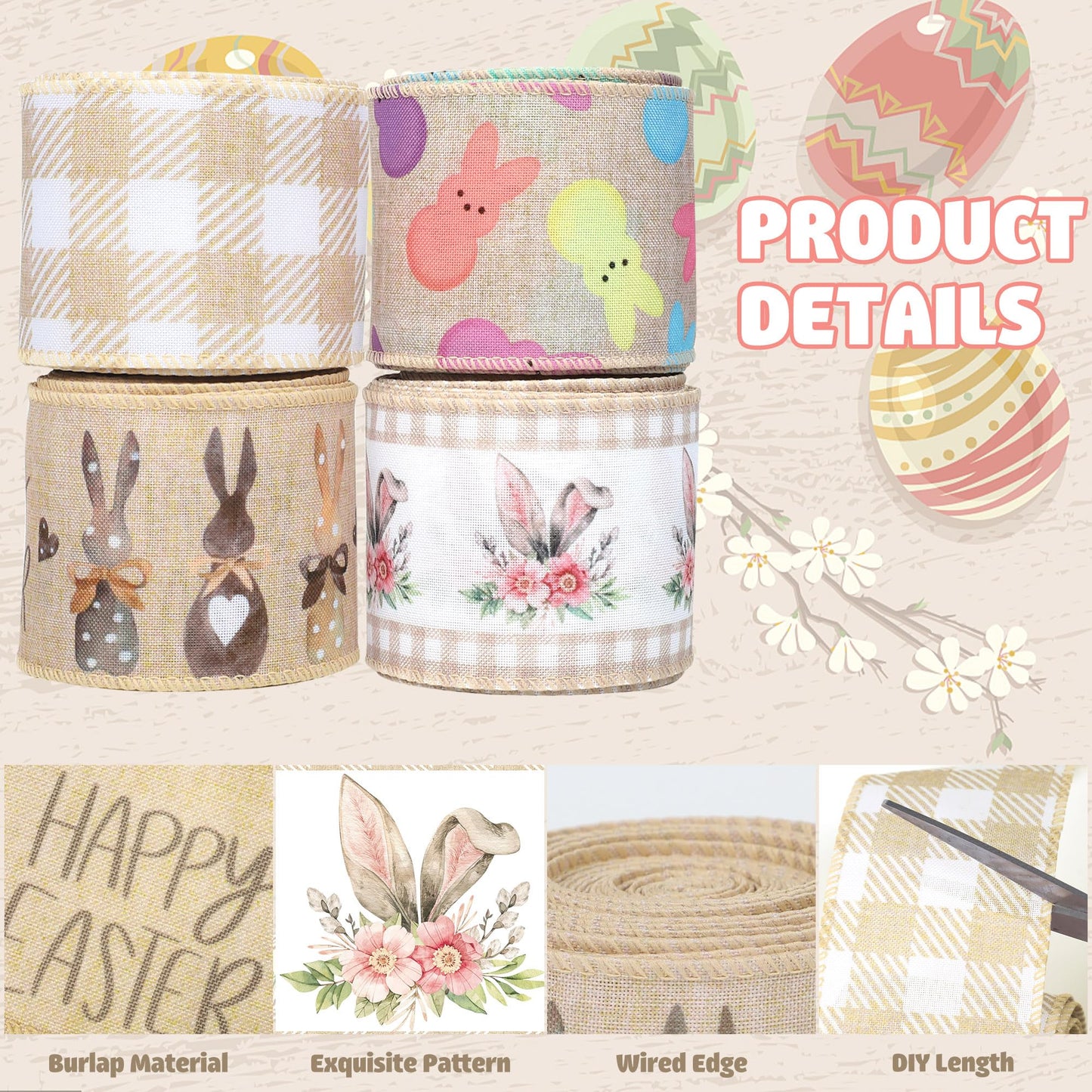 Easter Wired Edge Ribbon Farmhouse Bunny Burlap Ribbons 2.5" Plaid Rustic Peeps Wired Ribbon for Easter Holiday Gift Wrapping Wreath Bow Decor DIY Craft, 24 Yards