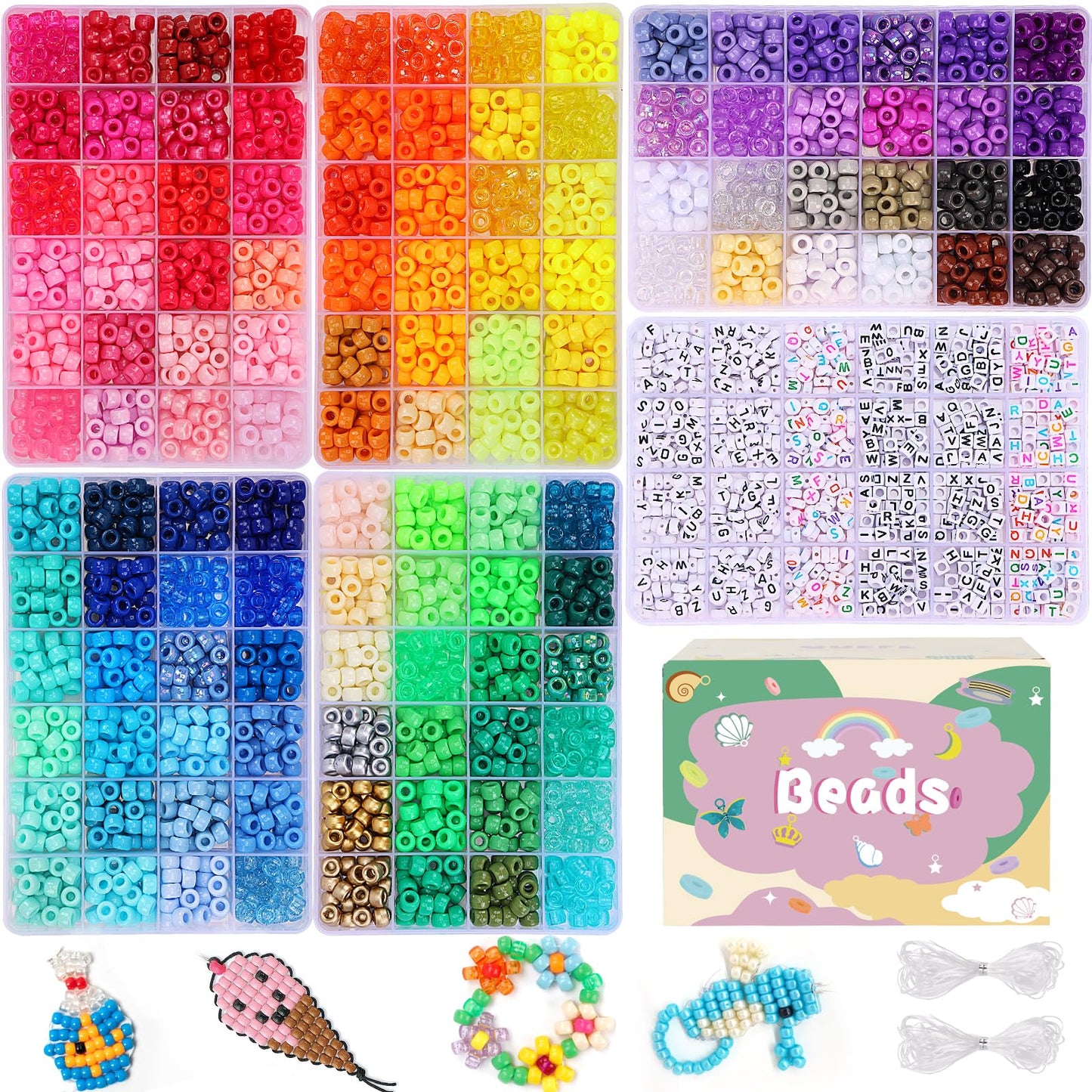 QUEFE 5 Boxes Bracelet Making Kit 120 Colors Pony Beads Kandi Beads Kit 4700pcs Kandi Starter Kit Rave Beads Friendship Bracelets with Letter Bead Pony Beads Kit for Beginners