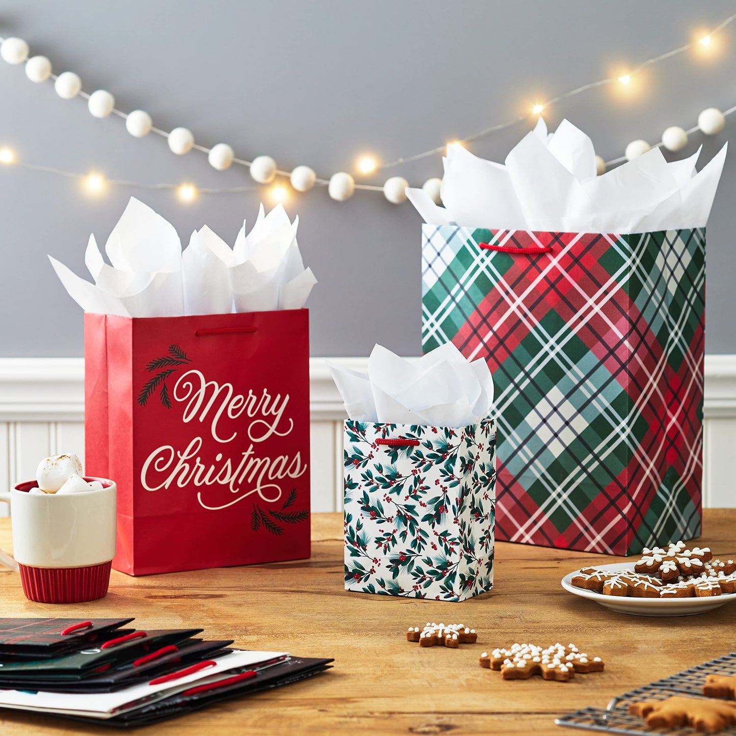Assorted Christmas Gift Bag Bundle (8 Bags: 2 Small 5", 3 Medium 8", 3 Large 11") Classic Santa, Black and Red Plaid, Snowflakes, Holly