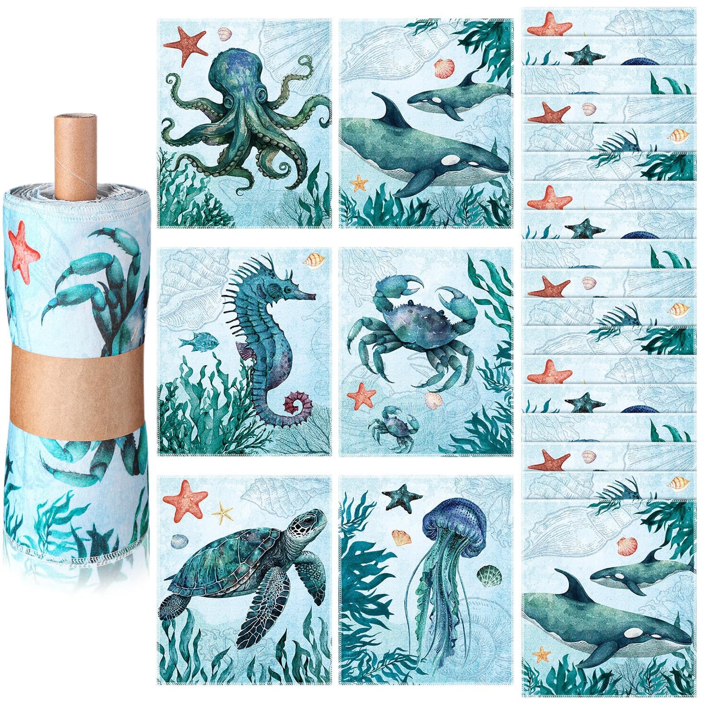 36 Pack Sea Animals Reusable Cleaning Cloths Washable Cotton Kitchen Towels for Home (Blue)