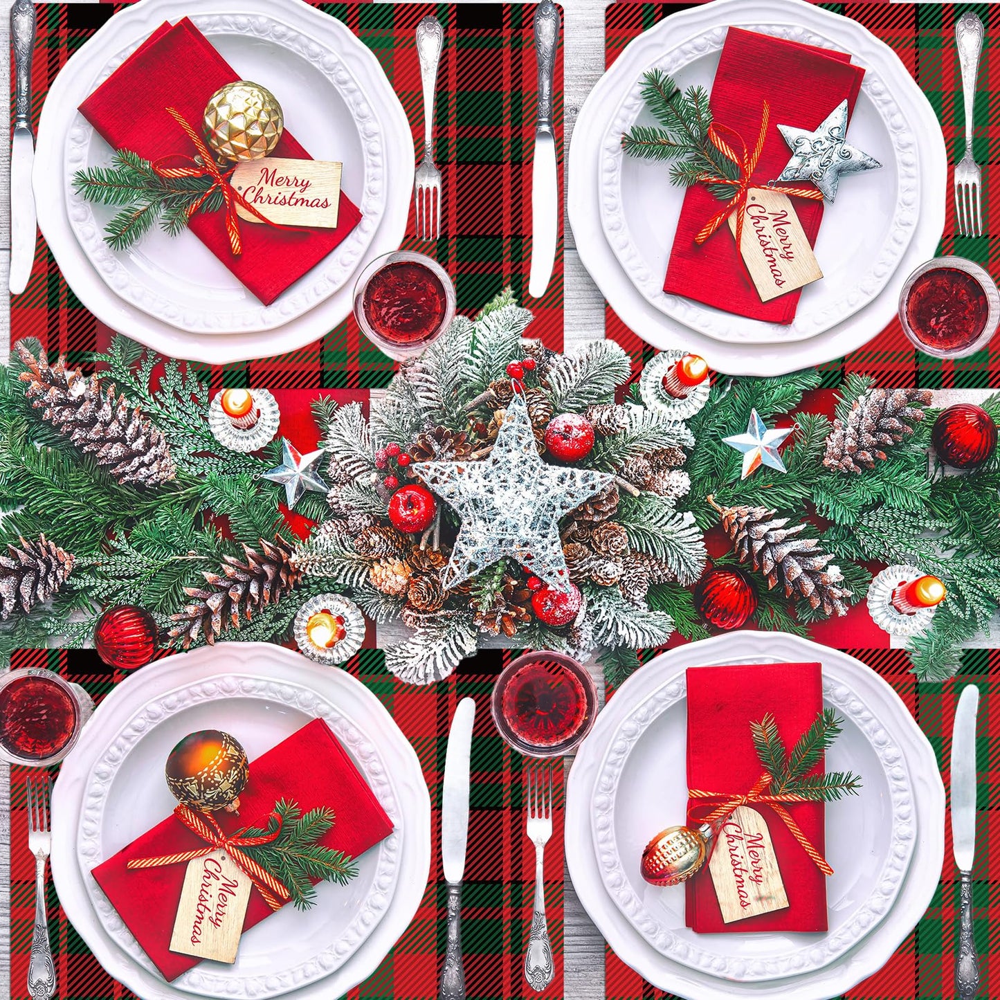 Christmas Placemats Set of 6 Red and Green Plaid Plastic Table Mats Recyclable Place Mats Washable Farmhouse Holiday Table Decoration for Indoor Outdoor Christmas Party Kitchen Dining