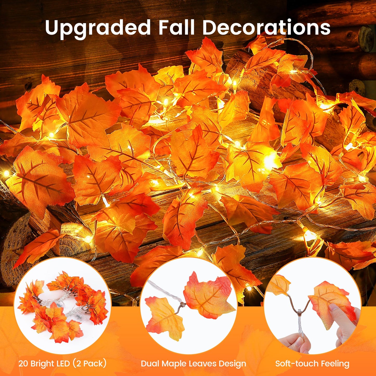 Hopolon 2Pack Fall Decorations for Home,Thanksgiving Lighted Fall Garland,Total 20Ft 40LED Maple Leaves String Lights,Battery Operated Fall Lights for Indoor Halloween Home Autumn Harvest Decor