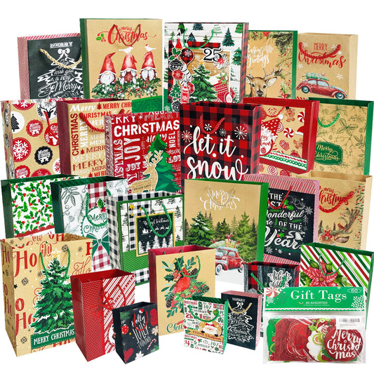 24 Christmas Gift Paper Bags Bulk with handles and 60 Count Christmas Gift Tags-Assorted sizes set for Wrapping Xmas Holiday Presents(6 Jumbo,6 Large,6 Medium,6 Small)