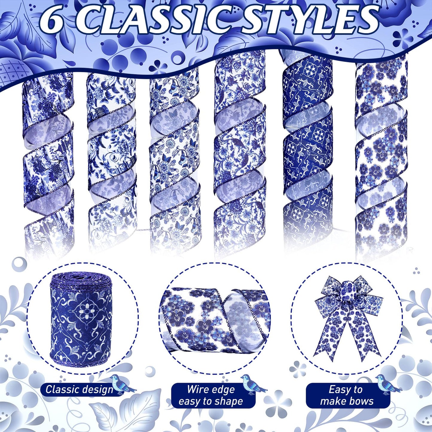 6 Rolls Christmas Chinoiserie Ribbon White and Blue Wired Edge Floral Ribbon Butterfly Flower Pattern Fabric Craft Wreath Bow Wrapping 2.52 Inches by 5 Yards