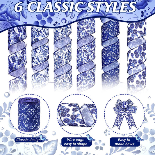 6 Rolls Christmas Chinoiserie Ribbon White and Blue Wired Edge Floral Ribbon Butterfly Flower Pattern Fabric Craft Wreath Bow Wrapping 2.52 Inches by 5 Yards