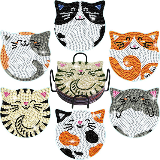 Vcekract Diamond Painting Coasters Kits, 6 Pcs Cat Diamond Art Coasters with Holder, Crafts Kits for DIY Coasters, Diamond Art Kits for Adults